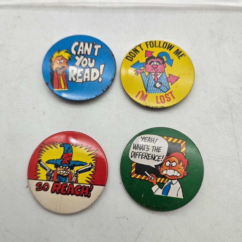 Vintage Funny Slogan Pinback Buttons Lot Of 4 Cartoon Humor 70s Sayings